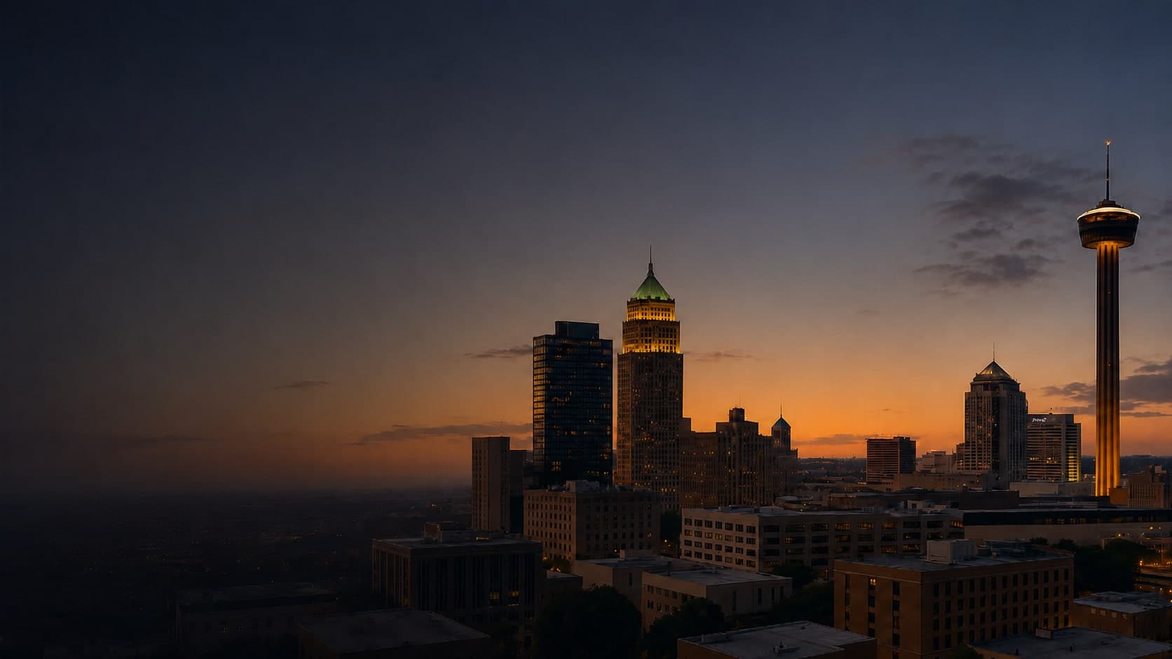 San Antonio skyline at twilight with the Tower of the Americas