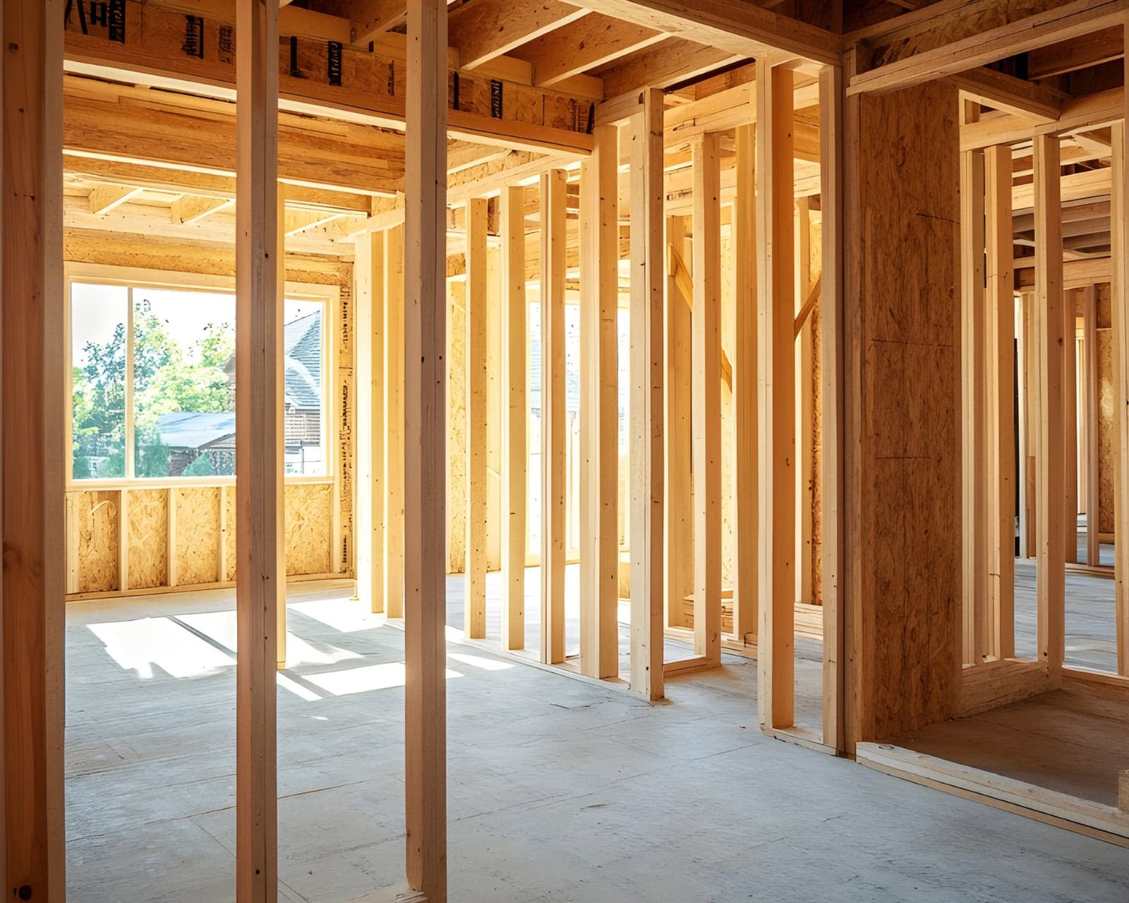 A new-construction home under framing — the stage to have representation in place before you tour or register.