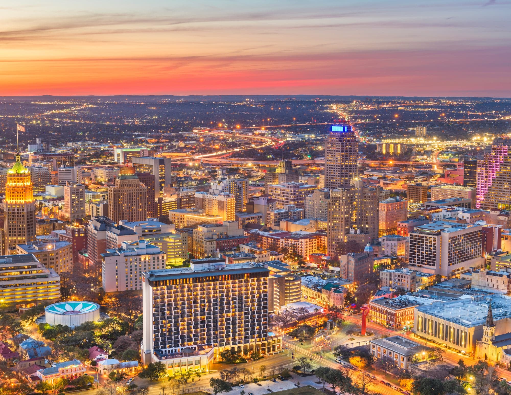 Aerial view of San Antonio at dusk